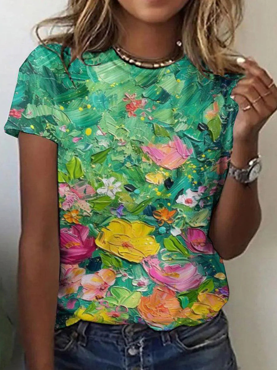 Floral Print Round Neck Short Sleeve Top
