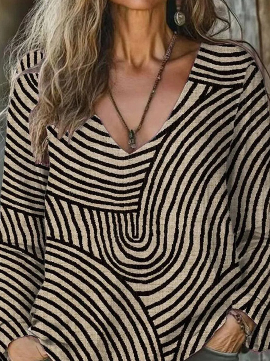 Retro V-neck Long Sleeve Khaki Top