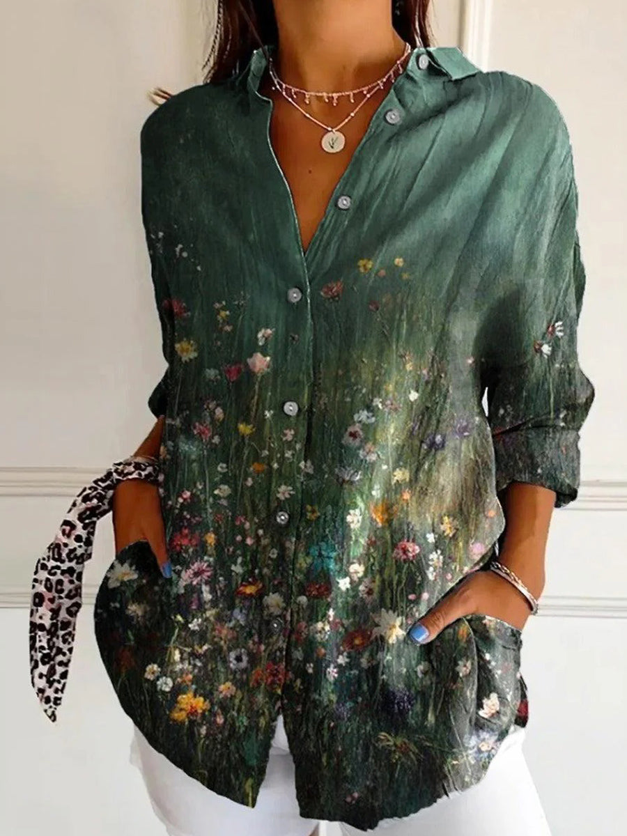 Green Floral Print Collared Long Sleeve Top