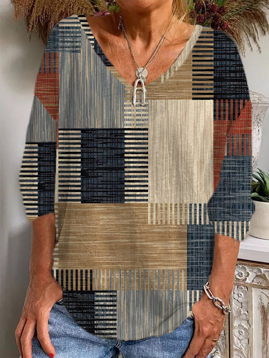Casual Color Block V Neck Long Sleeve Blouse