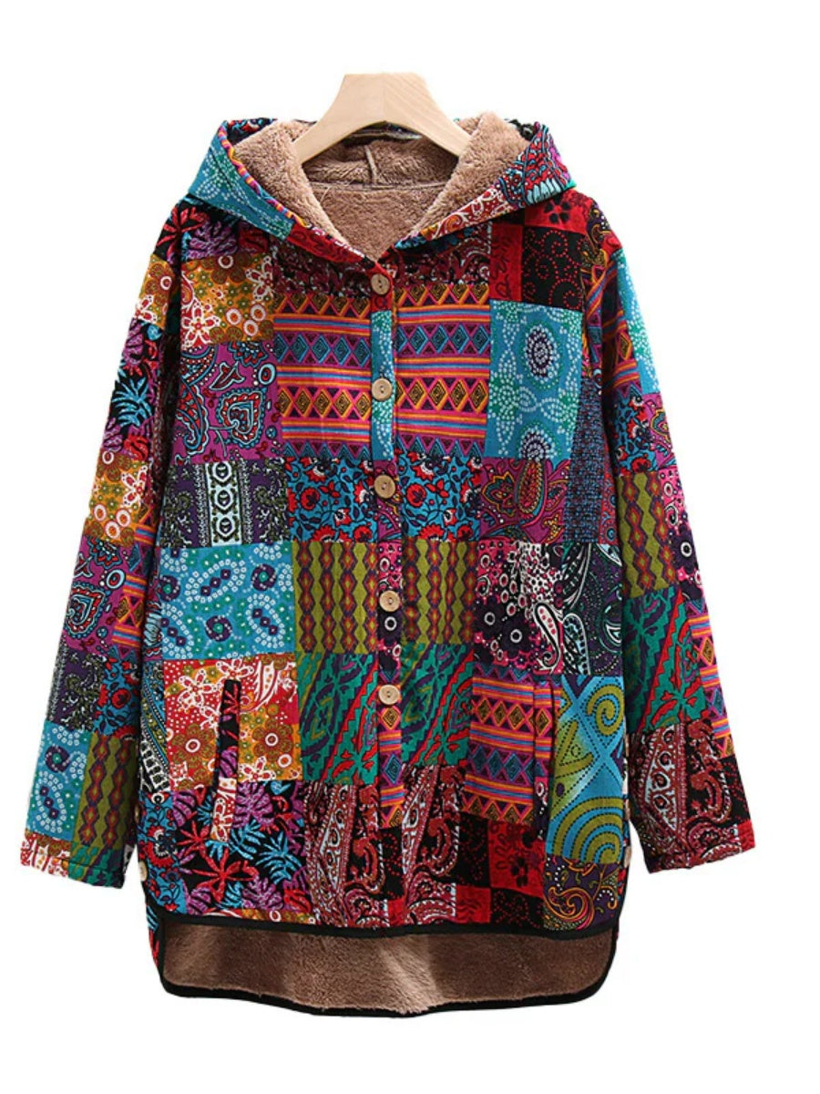 Bohemian Patchwork Button Up Hooded Jacket