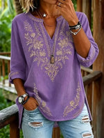 Vintage Floral Print V-neck Long Sleeve Blouse