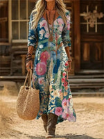 Vintage Floral Print V-neck Long Sleeve Dress