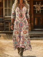 Vintage Floral Print V-neck Long Sleeve Dress
