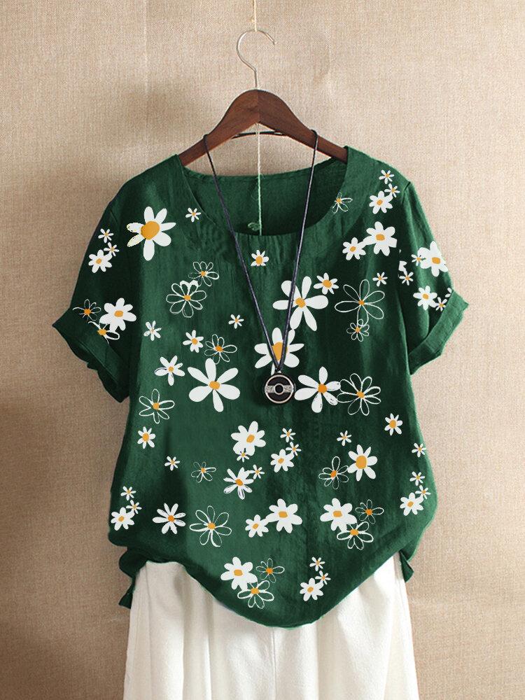Women's Summer Daisy Print Casual Short Sleeve Loose Blouse