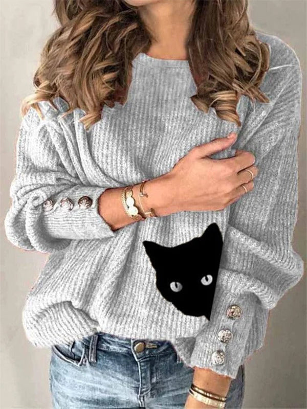 Gray Casual Tops Round Neck Long Sleeve Cat Printed Sweater