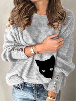 Gray Casual Tops Round Neck Long Sleeve Cat Printed Sweater