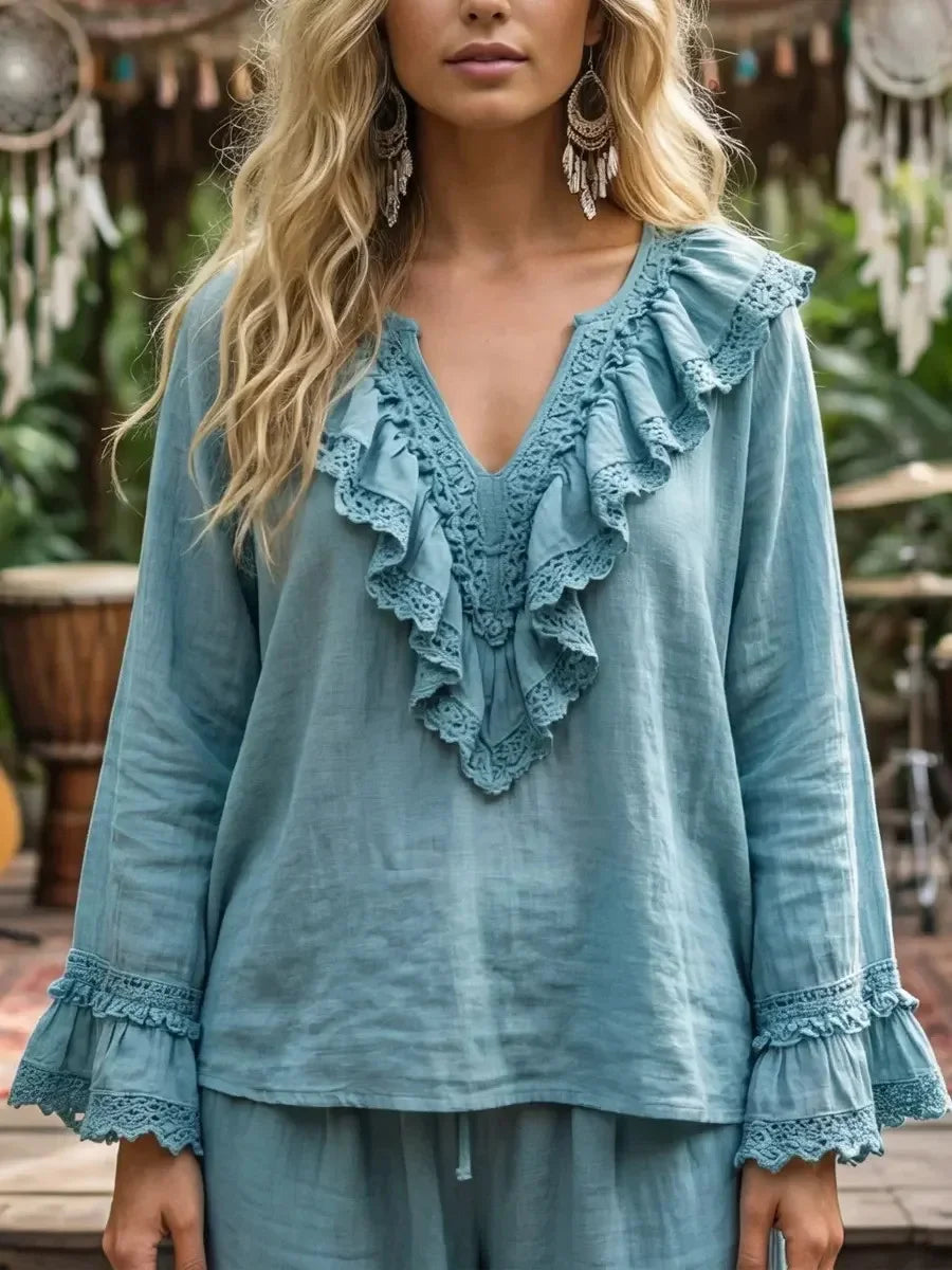 Women's Retro Ethnic Casual Ruffled V-neck Long Sleeve Shirt
