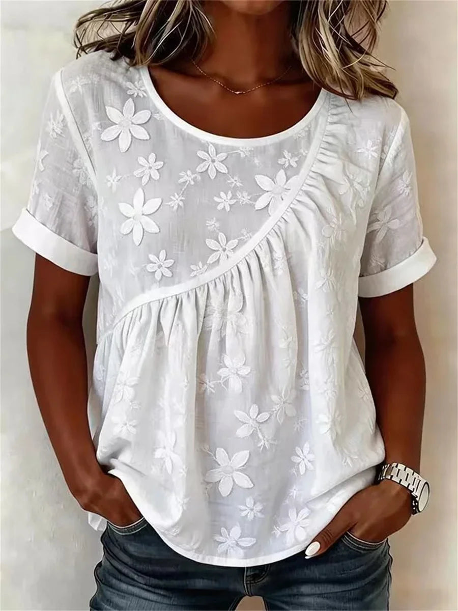 Elegant Crew Neck Short Sleeve Floral Print Blouse