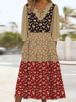 Women's Long Sleeve V-neck Floral Printed Lace Stitching Midi Dress
