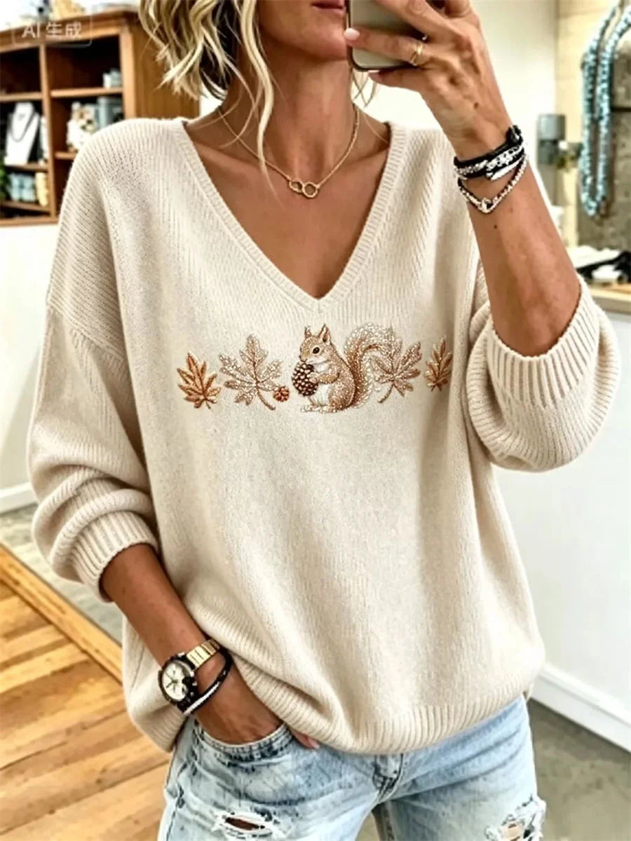 Women Animal V-neck Long Sleeve Comfy Casual Sweater