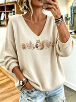 Women Animal V-neck Long Sleeve Comfy Casual Sweater