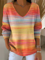 Women's Casual Autumn Gradient Striped Long Sleeve V-Neck Top