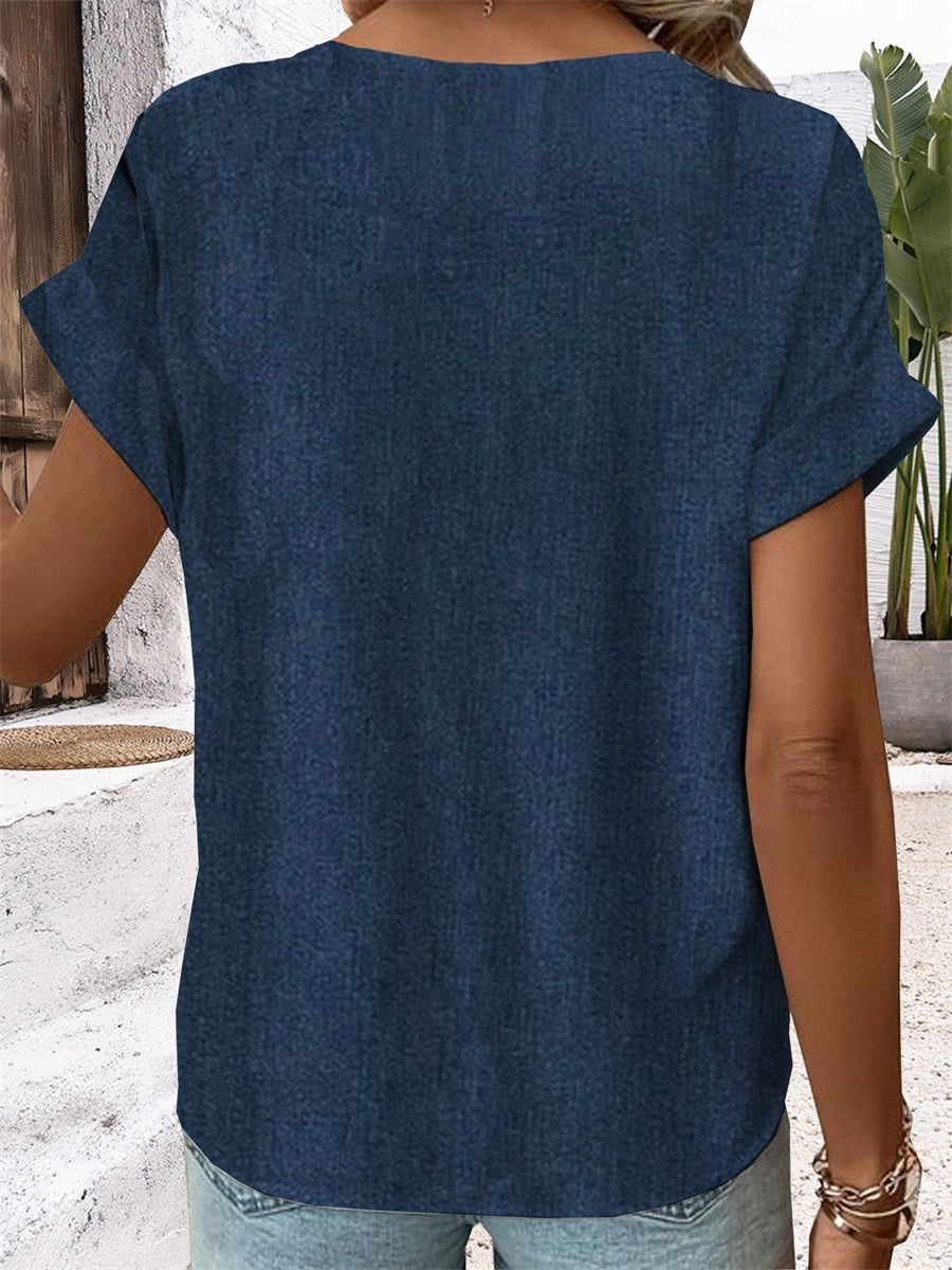 Plain V Neck Buttoned Short Sleeve Blouse