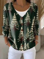 Christmas Tree Print Buttoned V-neck Long Sleeve Cardigan Sweater
