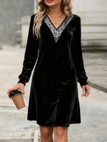 Chic Sequin Trim V-Neck Long Sleeve Velvet Mini Dress