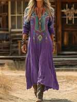 Vintage Ethnic Print V-neck Long Sleeve Dress