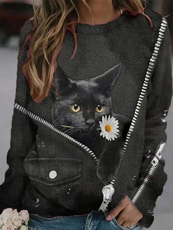 Black Casual Graphic Tops Round Neck Long Sleeve Zipper Cat Printed Sweatshirt