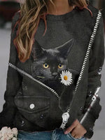 Black Casual Graphic Tops Round Neck Long Sleeve Zipper Cat Printed Sweatshirt