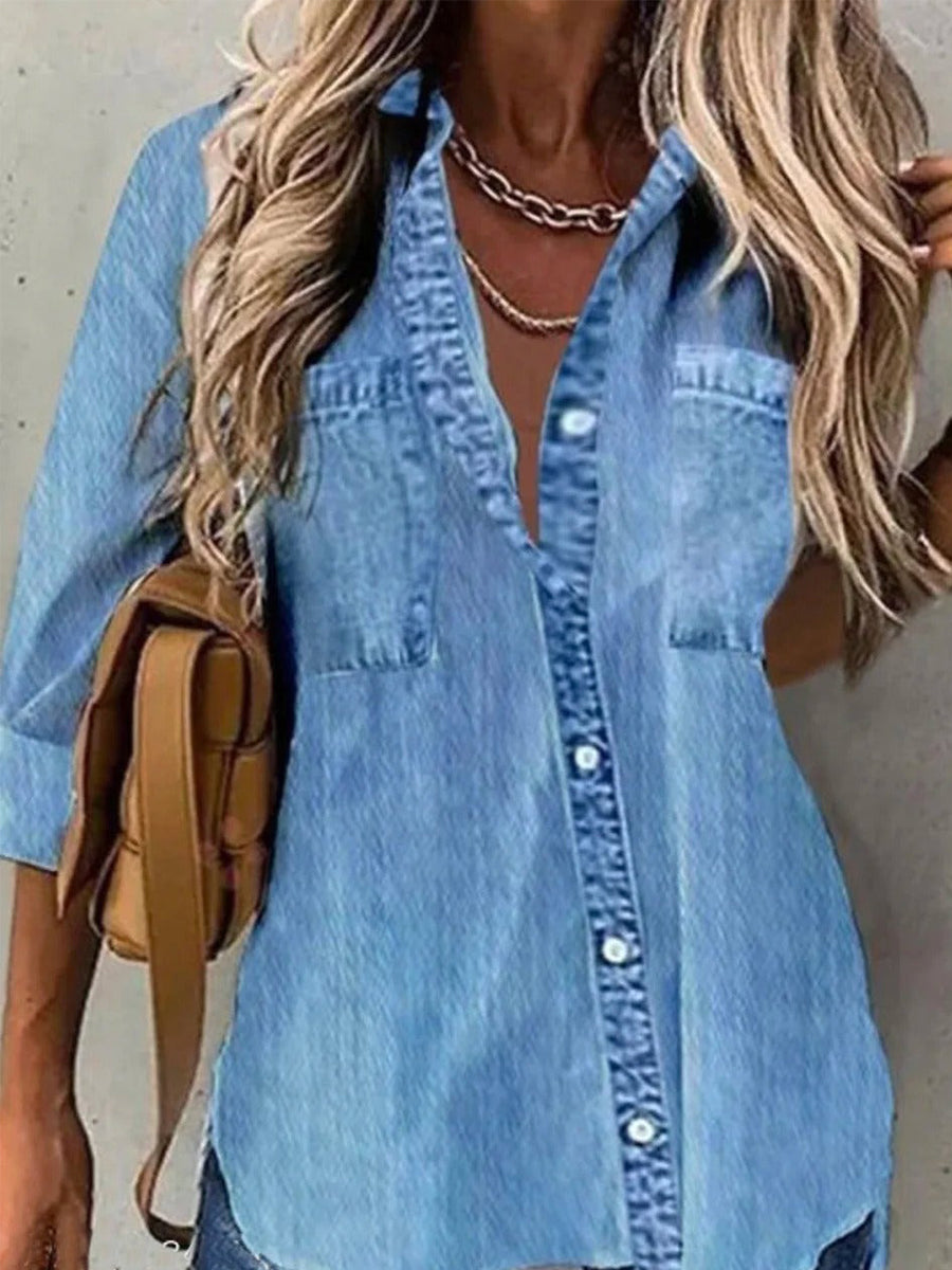 Spring Collar Denim Long Sleeve Abstract Regular Loose Blouse