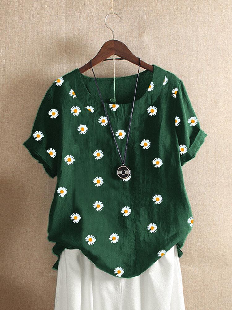 Daisy Floral Print Short Sleeve O-neck Blouse