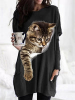 Black Cat 3D Pocket Casual Round Neck Long Sleeve Loose Top
