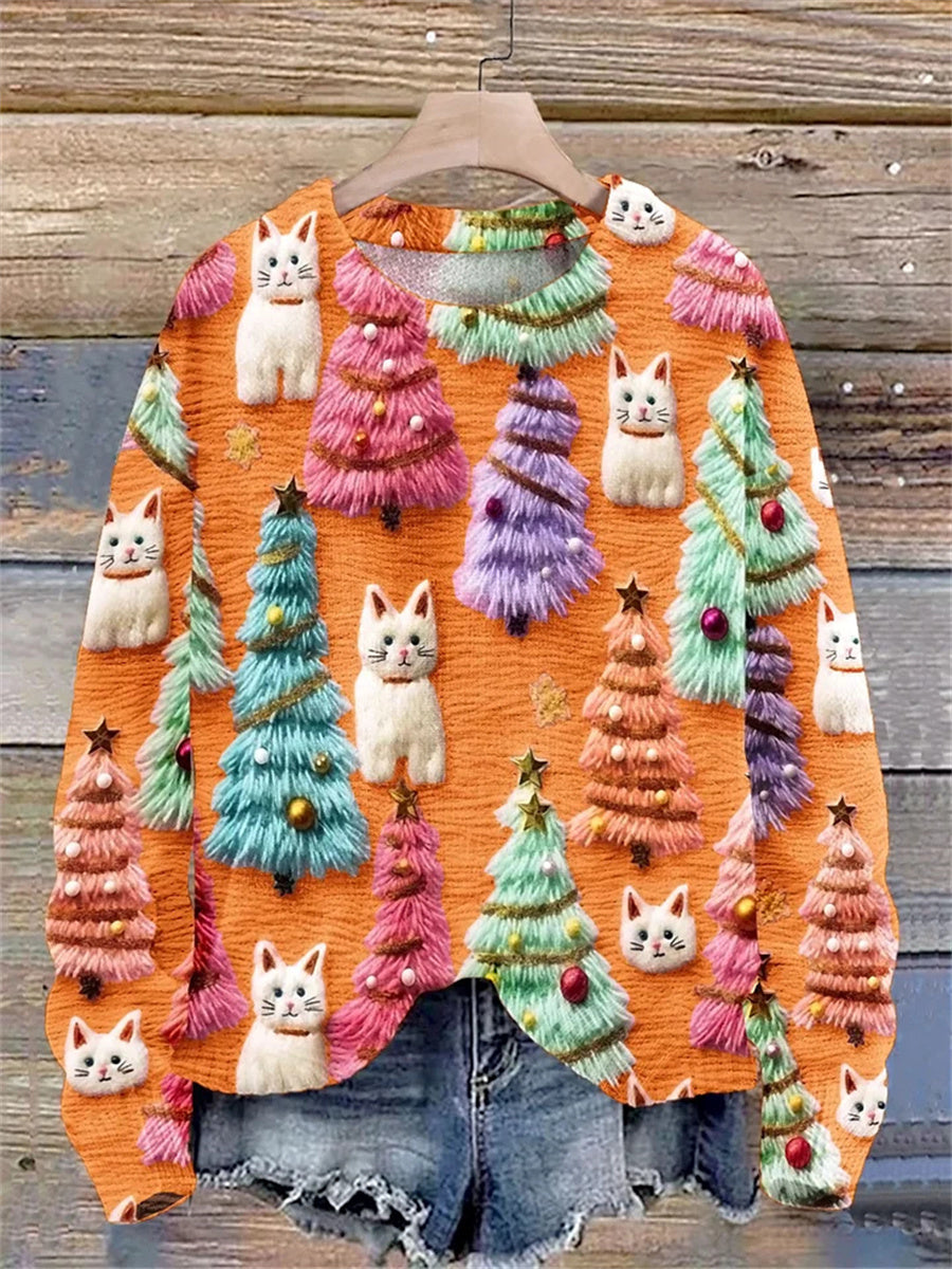 Christmas Tree Cute Cat Print Round Neck Long SleevePullover Sweater