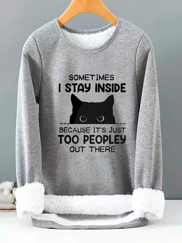 Gray Casual Graphic Tops Round Neck Long Sleeve Cat Character Printed Fleece Sweatshirts