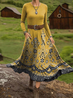 Stunning Yellow Round Neck Long Sleeve Midi Dress