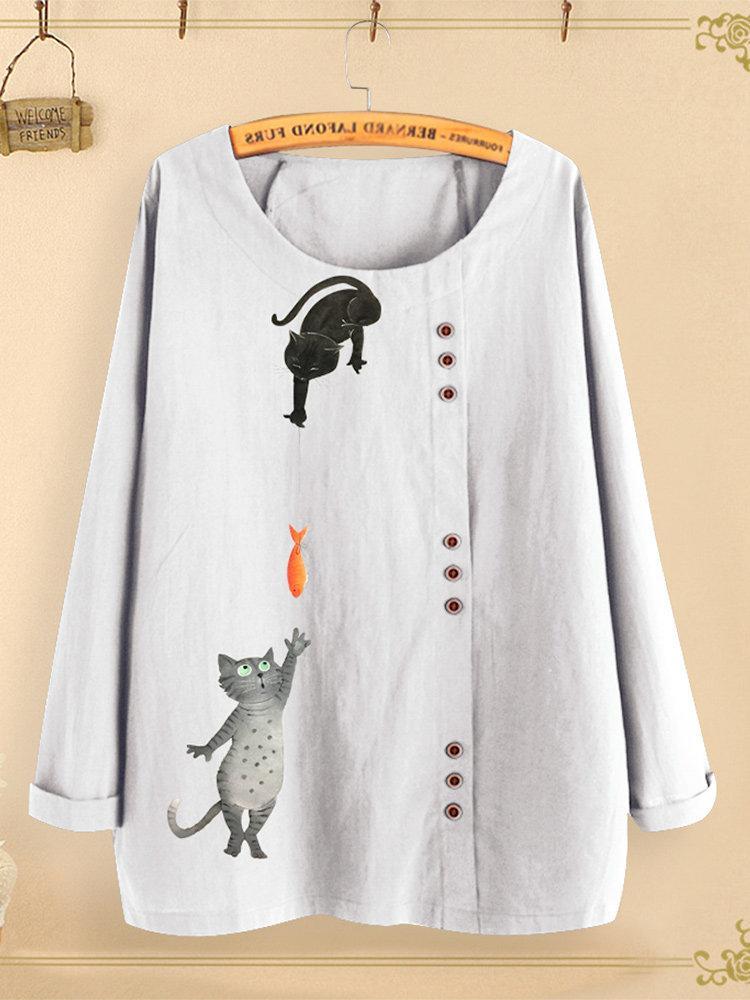 Button Cartoon Cat Print Long Sleeve Blouse
