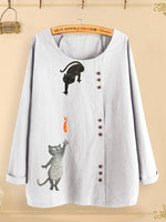 Button Cartoon Cat Print Long Sleeve Blouse
