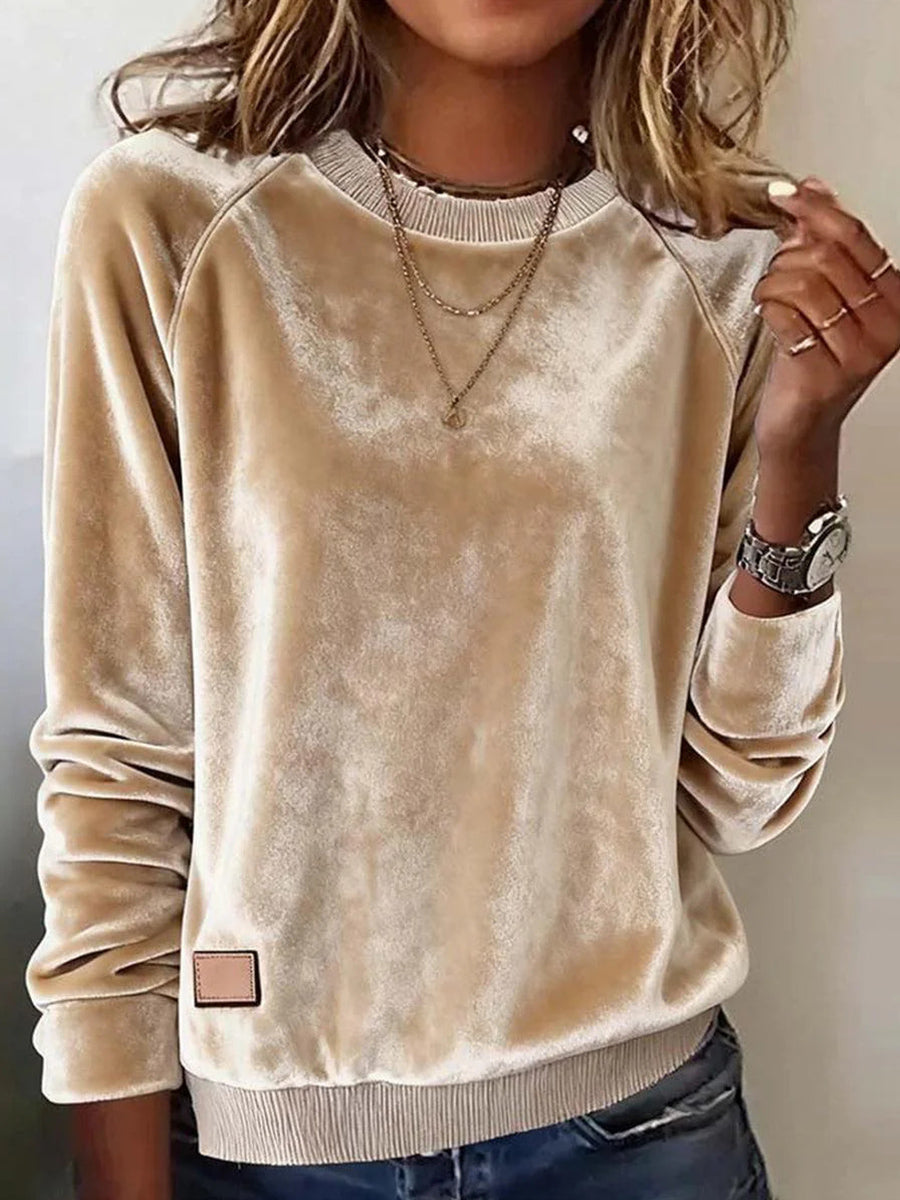 Brown Round Neck Long Sleeve Plain Top