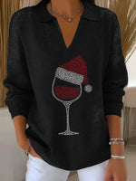 Black V-neck Long Sleeve Rhinestone Wine Glass Christmas Knit Sweater