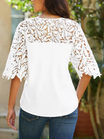 White Casual V Neck Lace Half Sleeve Blouse