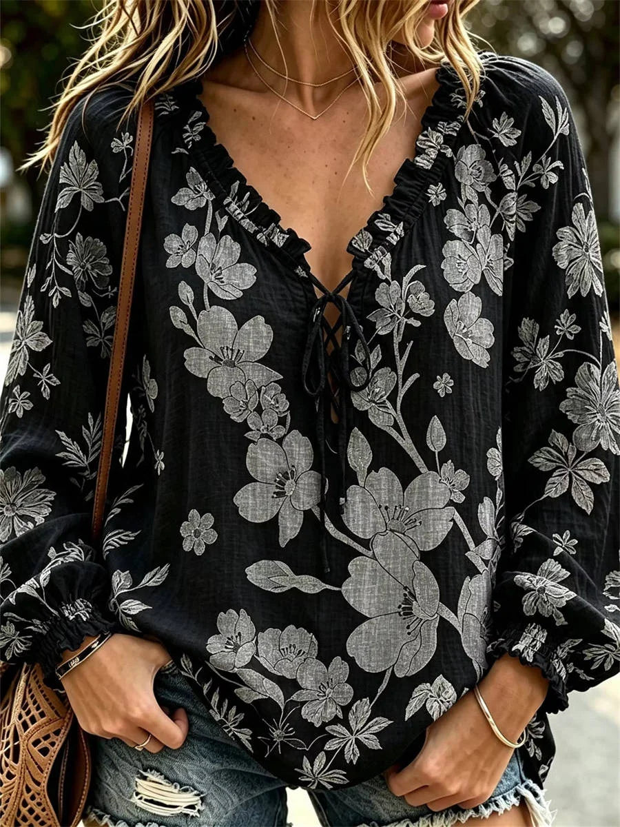 Women's Retro Bohemian Japanese Art Floral Print V-neck Long Sleeve Top