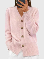 Pink Plain V-Neck Long Sleeve Sweater