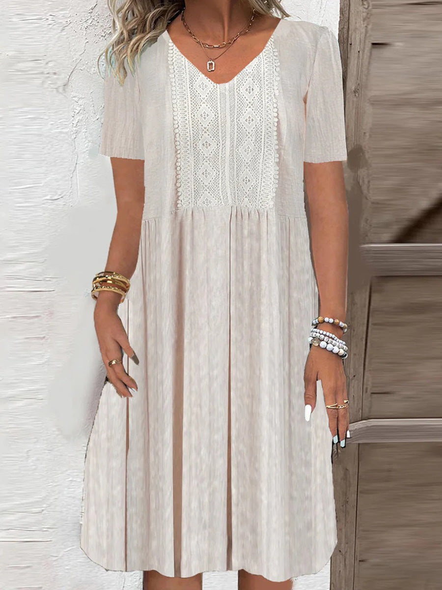 Trendy V-Neck Short Sleeve White Midi Dress