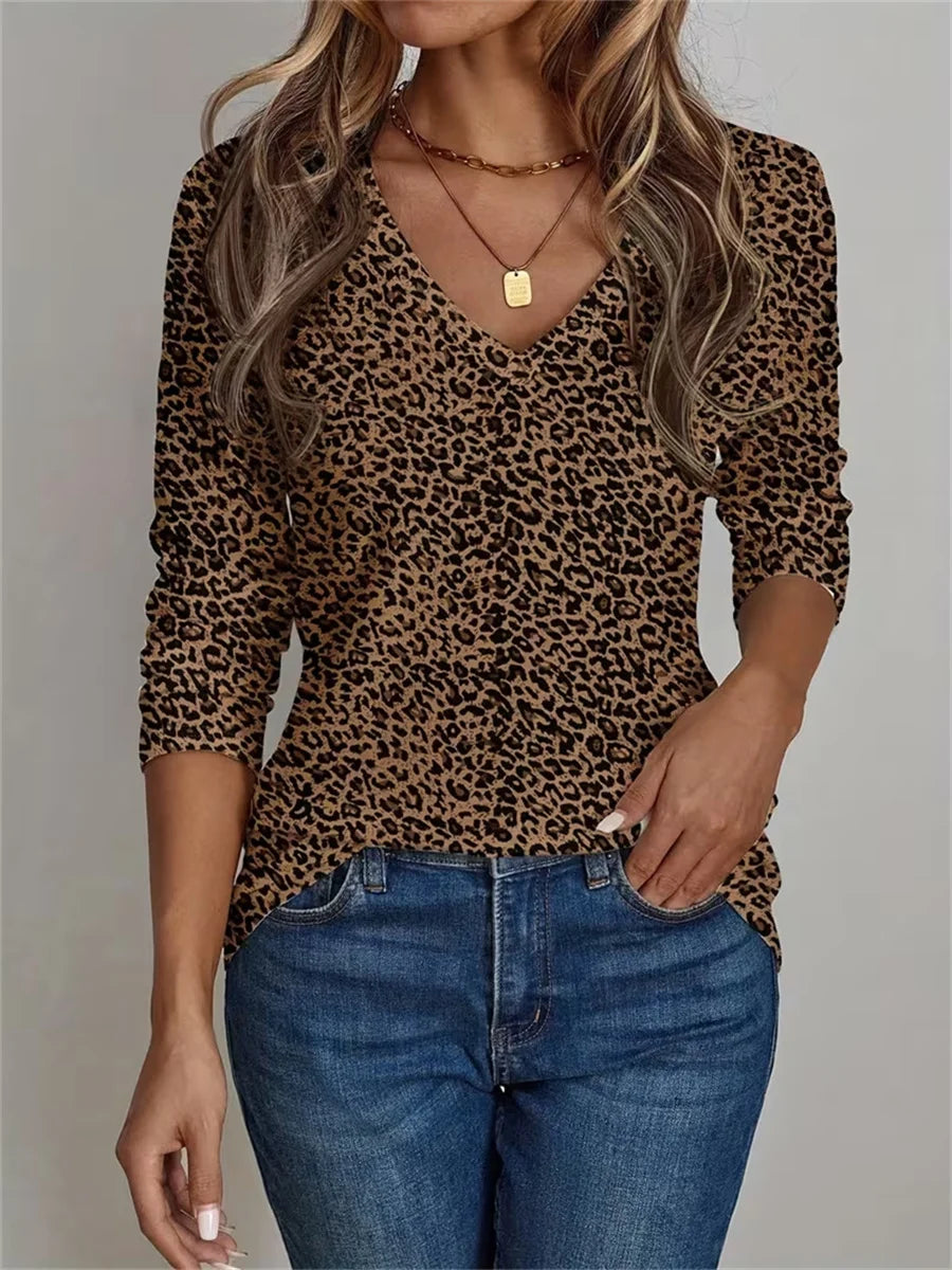Casual Leopard Print V Neck Long Sleeve T-shirt