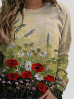 Red Casual Graphic Tops Round Neck Long Sleeve Floral Printed Sweatshirts