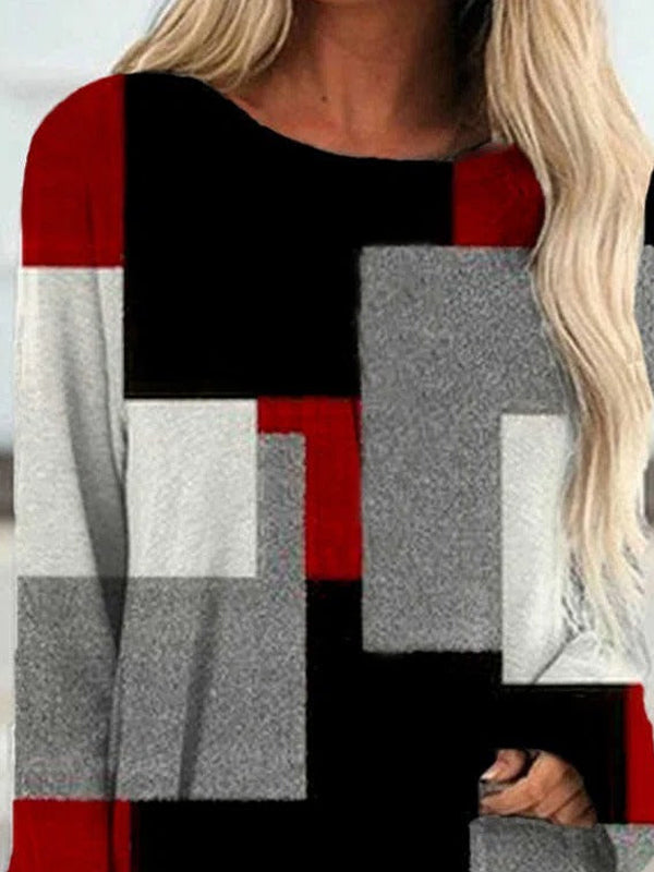 Multi Casual Tops Round Neck Long Sleeve Color Block Printed Sweatshirt