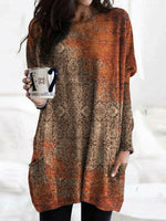 Ethnic Abstract Art Print Crew Neck Pockets Casual Blouse