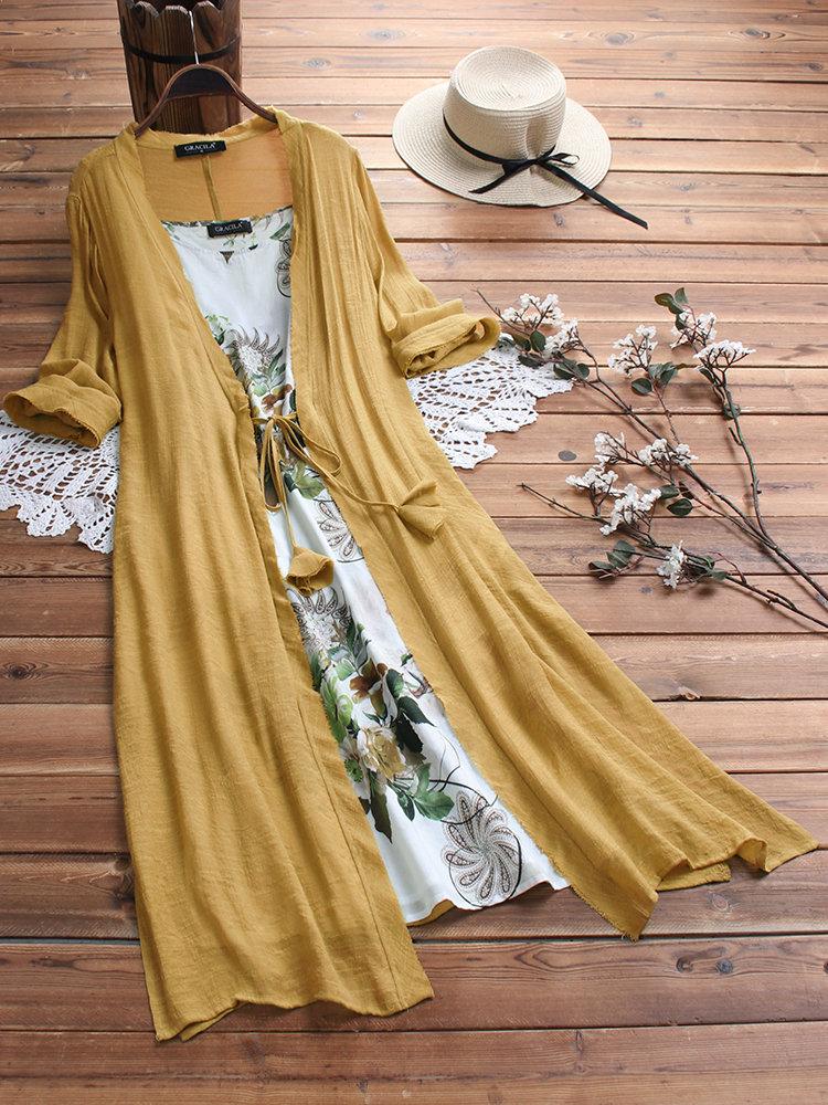 Vintage Boho Print Two-piece 3/4 Sleeve Maxi Dress