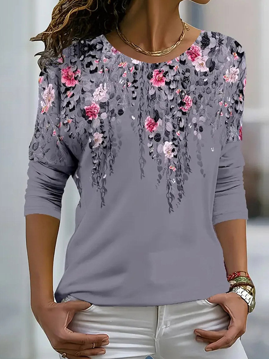 Gorgeous Round Neck Floral Print Long Sleeve Top