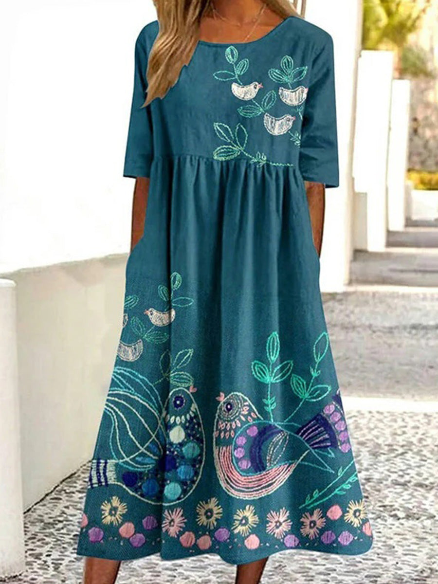 Vintage Bird Print Round Neck Half Sleeve Dress