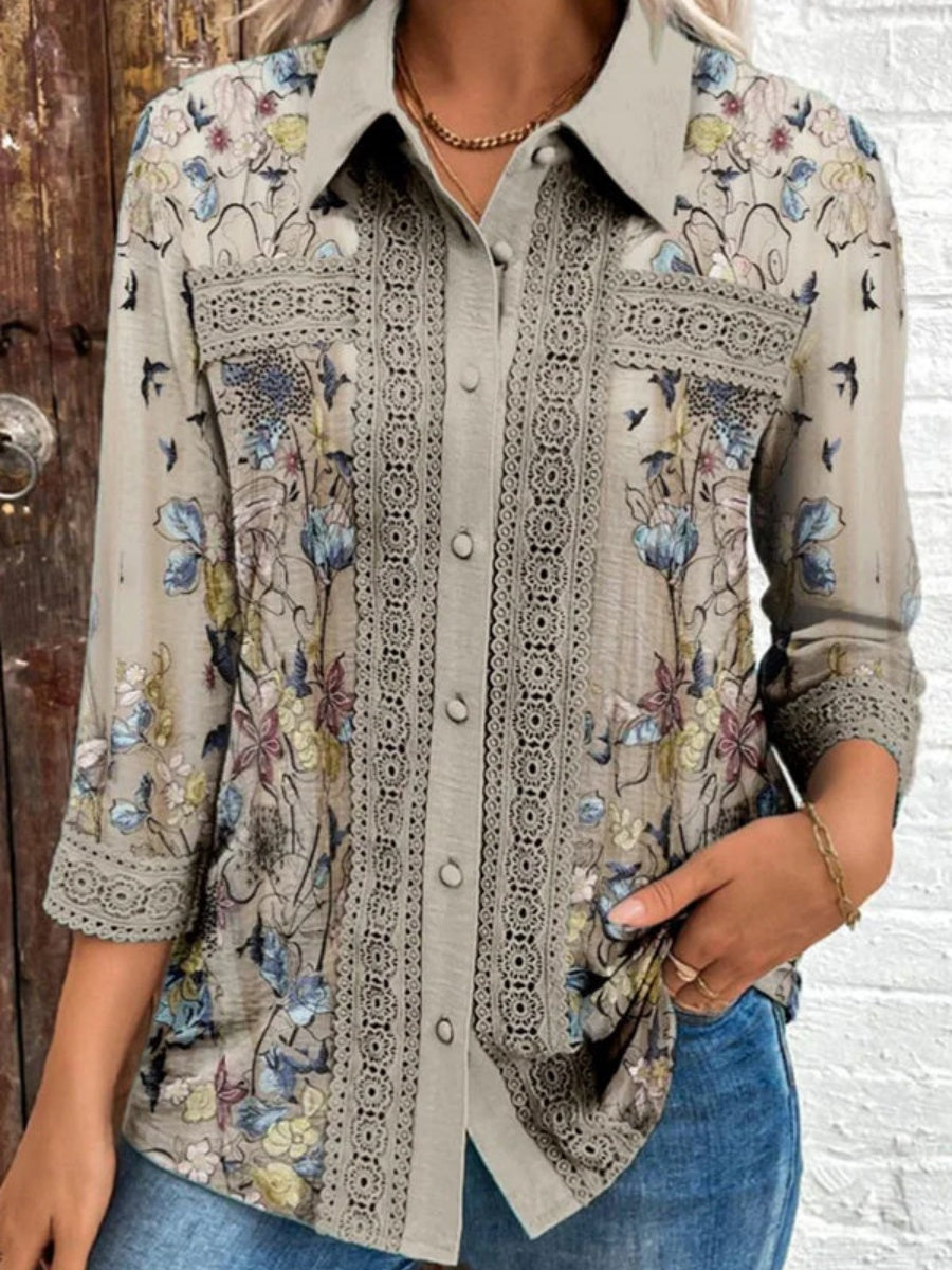 Women's Floral Pattern Shirt Collar Three Quarter Sleeve Loose Regular Shirt