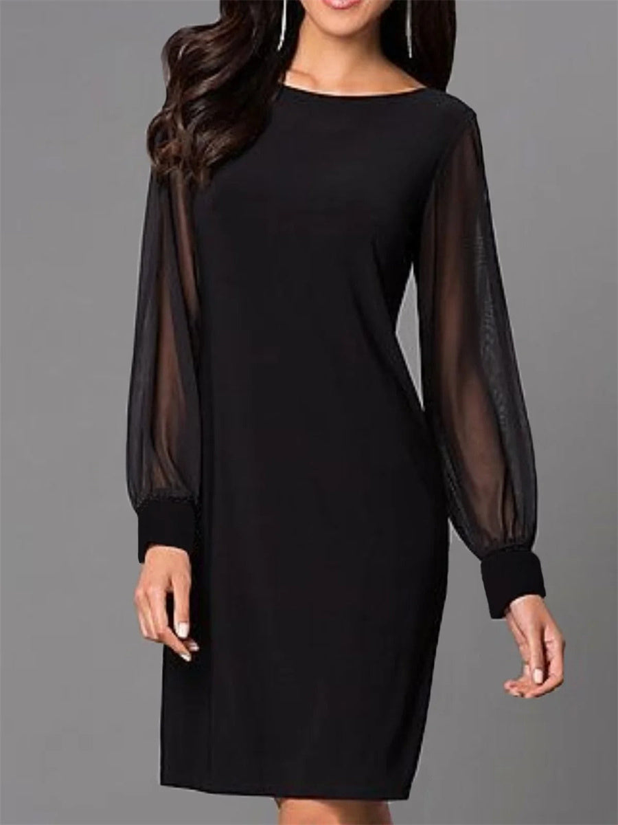 Solid Color Round Neck Long Sleeve Black Dress