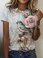 Vintage Floral Print Round Neck Short Sleeve T-Shirt