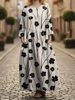 Women's Floral Print Pocket Round Neck Long Sleeve Dress