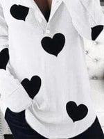 White Casual Graphic Tops V-neck Long Sleeve Heart Printed Sweatshirt