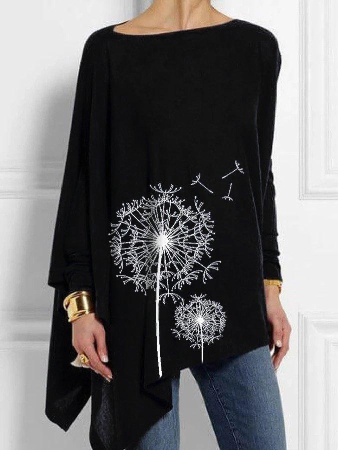 Dandelion Print Asymmetric Hem Loose Long Sleeve Casual Blouse